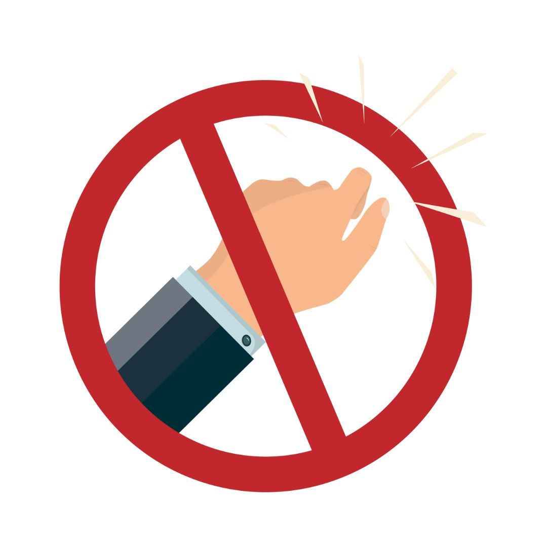 a cartoon hand and forearm with a suit knocking on a door, with a red circle and line over it