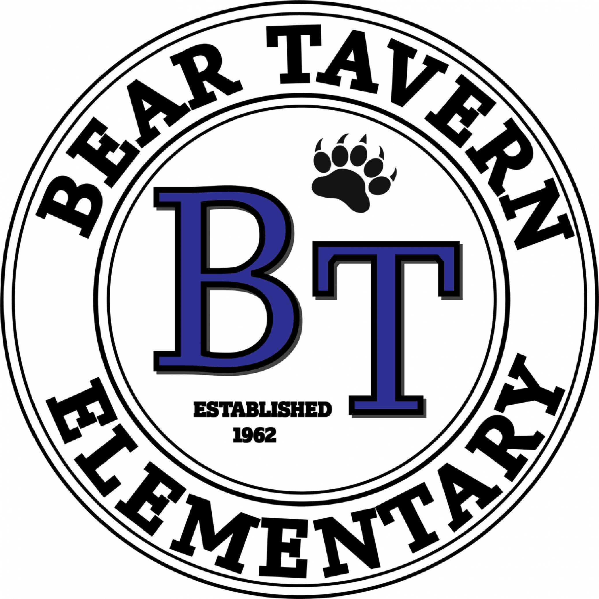 Bear Tavern elementary school logo. round with BT in the middle and a bear paw print