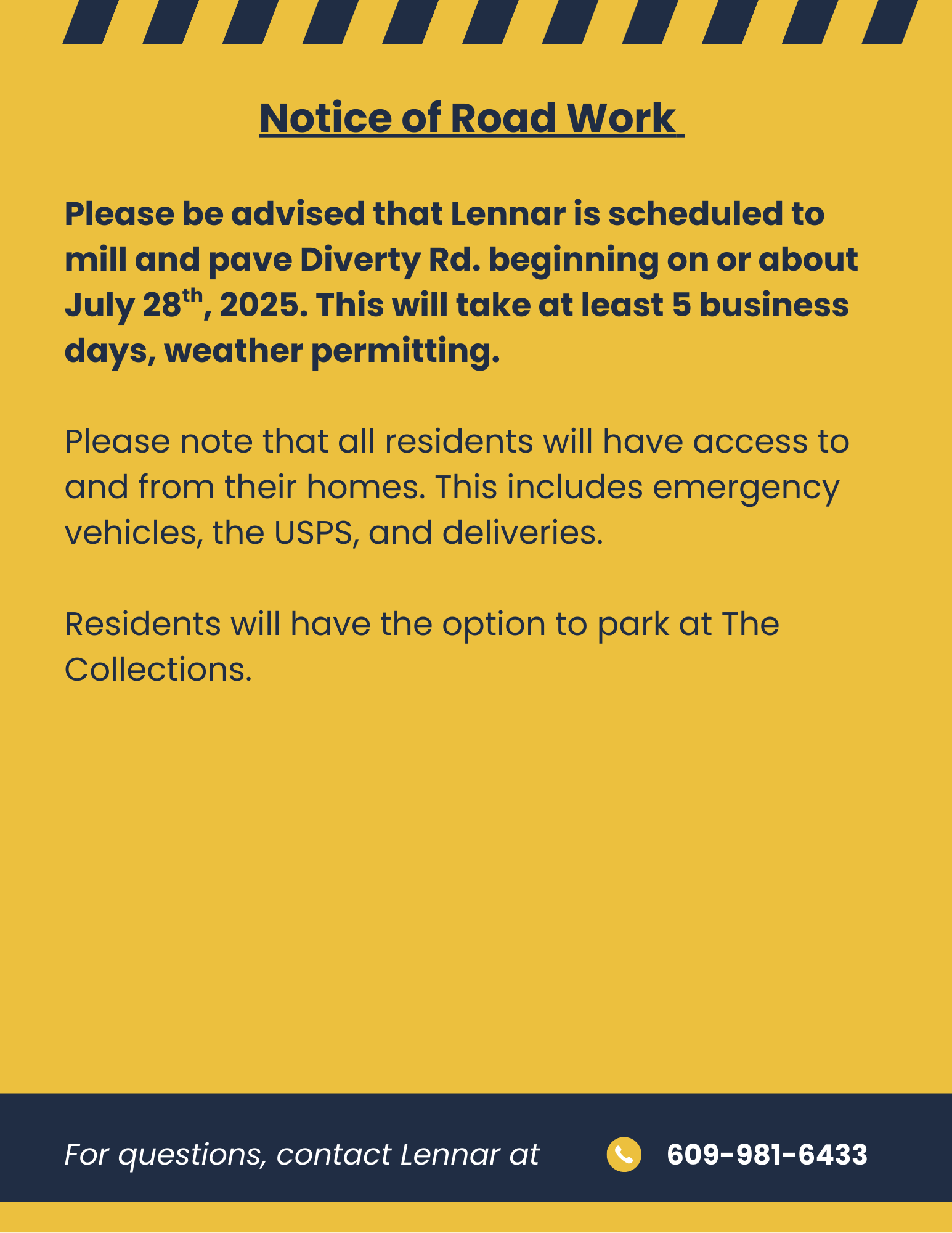 Notice of Road Work - Lennar