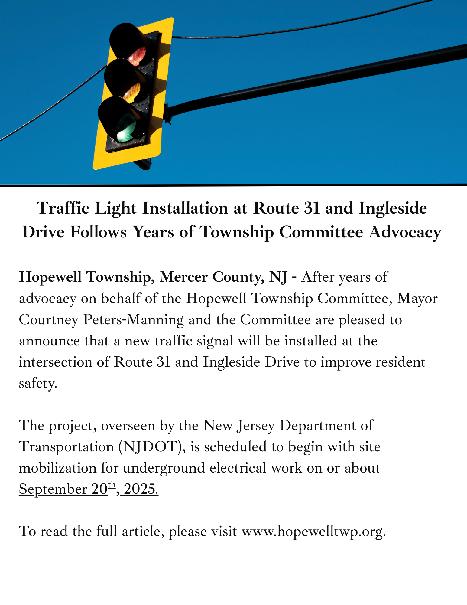 New Jersey Department of Transportation to Install a Traffic Light at the Intersection of Route 31 a