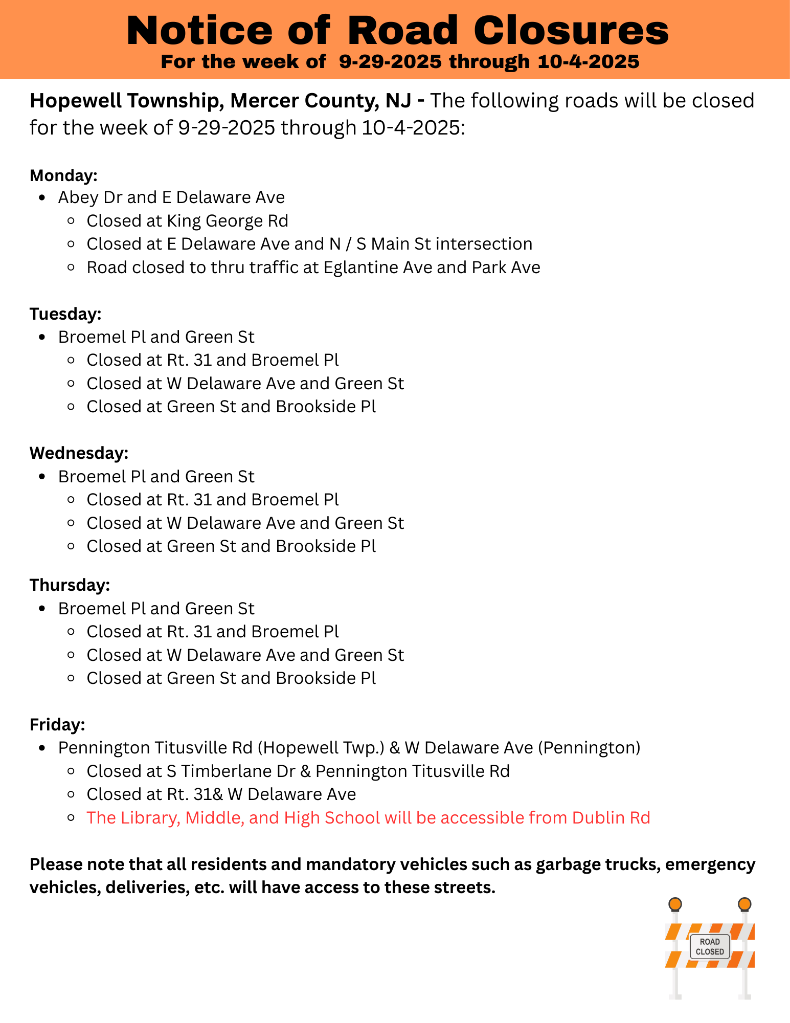 Road Closures Week of 9-29-2025 through 10-4-2025