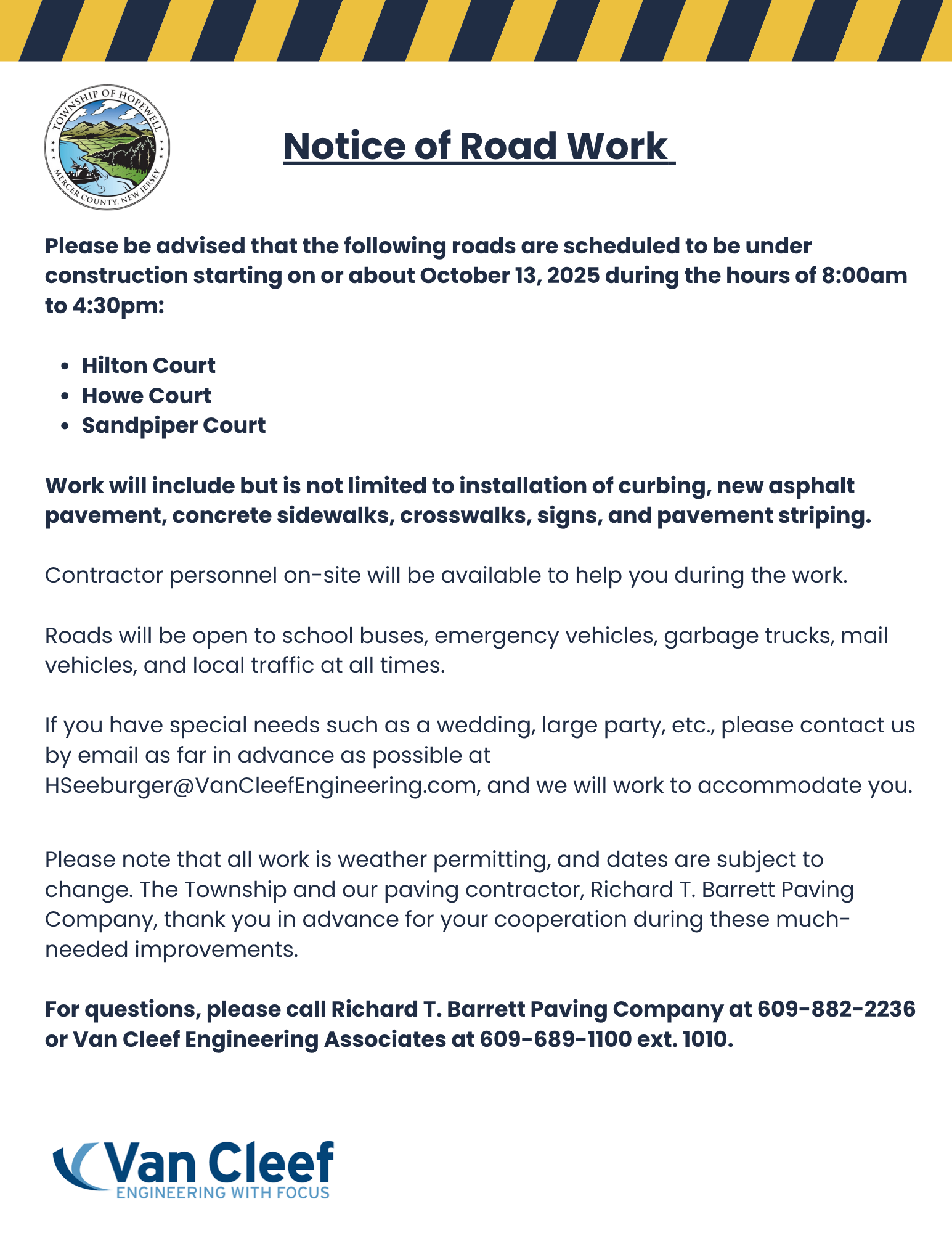 Notice of Road Work Starting Oct. 13, 2025