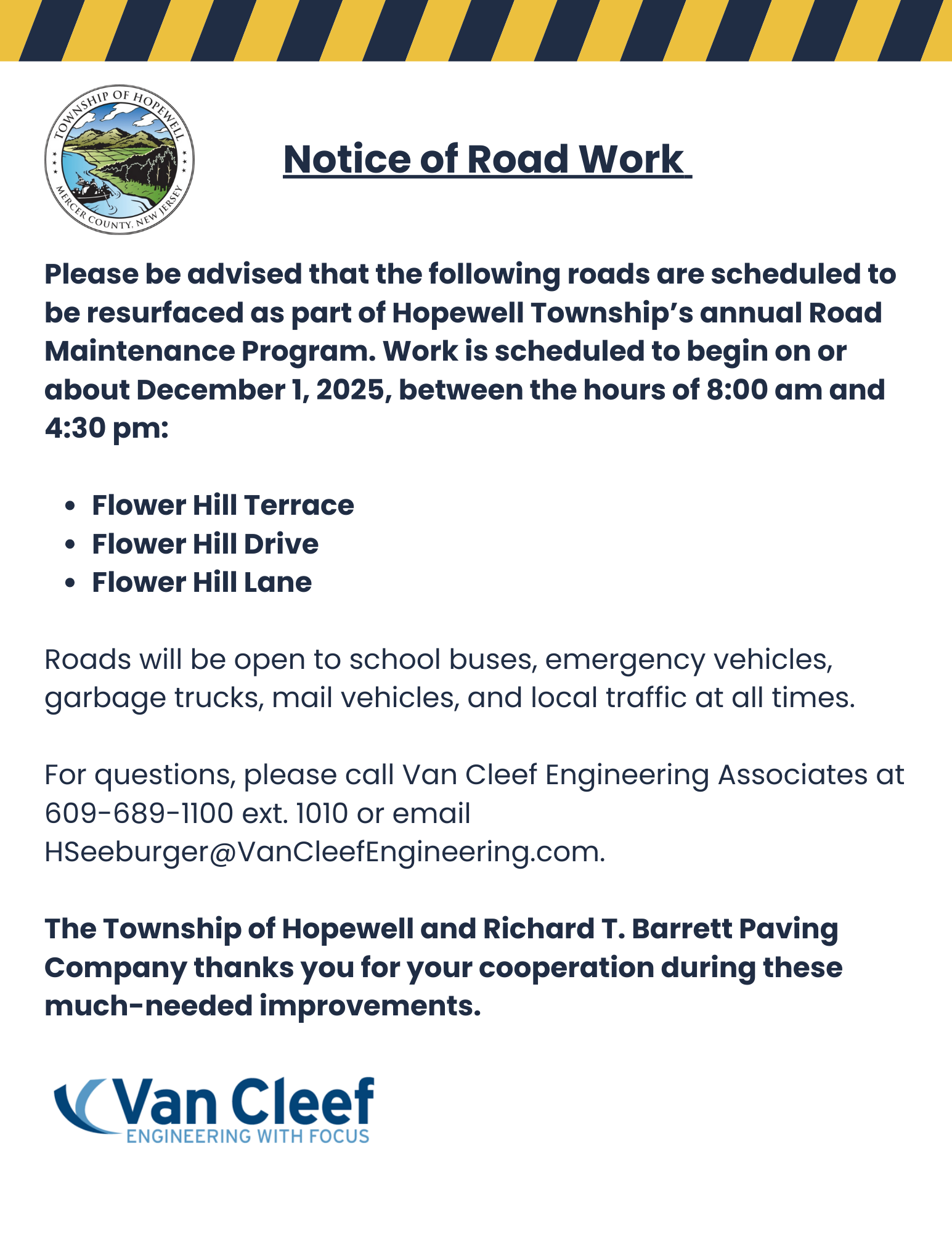 Notice of Road Work - Beginning on December 1, 2025