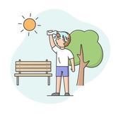 cooling off cartoon of man in the sun pouring water bottle over his head