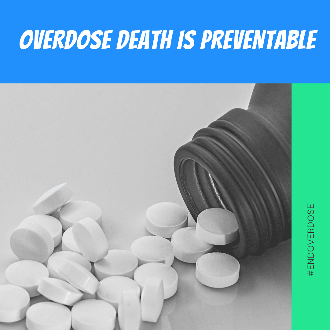 Overdose death is preventable with a bottle with pills pouring out