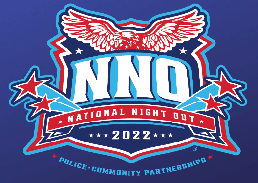 National Night Out 2022 logo- banner says Police Community Partnerships, eagle flapping wings