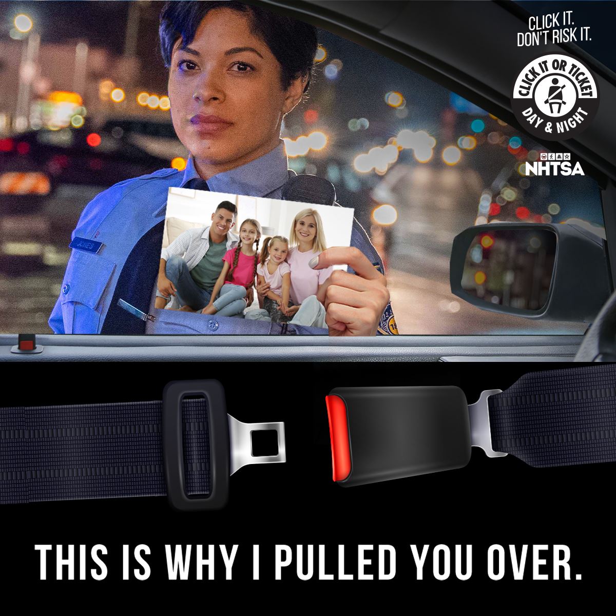 click it or ticket program with female officer holding a family picture and a seat belt closing