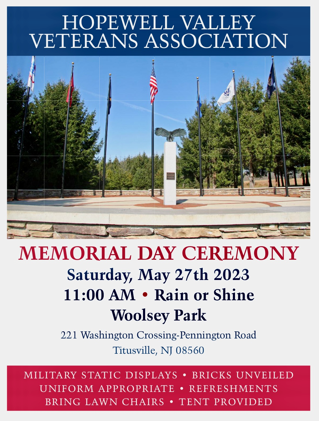 Memorial Day at Woolsey Park with the Hopewell Vet Association on Saturday May 27 ay 11am