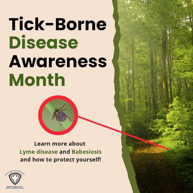 Forest and a close up of a tick with the words tick borne disease awareness month