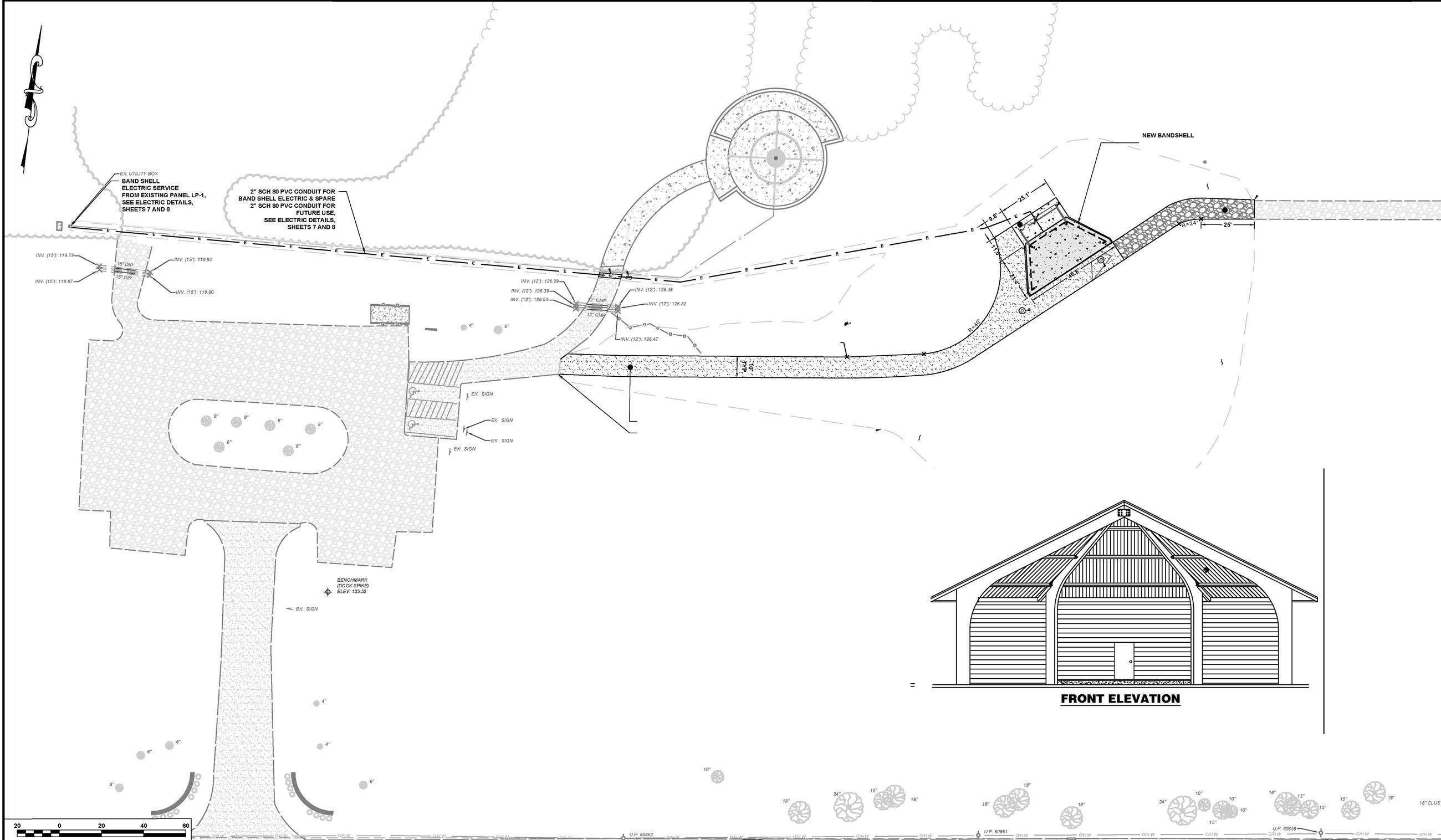 drawing of approximate location of the bandshell in woolsey park and a rendering of it