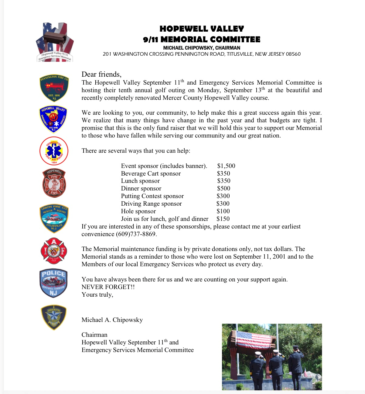 September Golf Outing letter