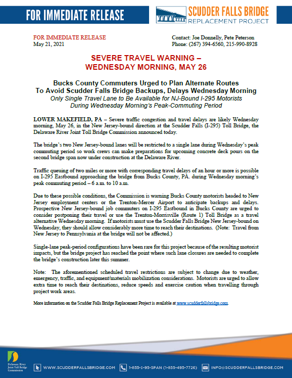 Scudder Falls bridge traffic issue Wednesday May 26