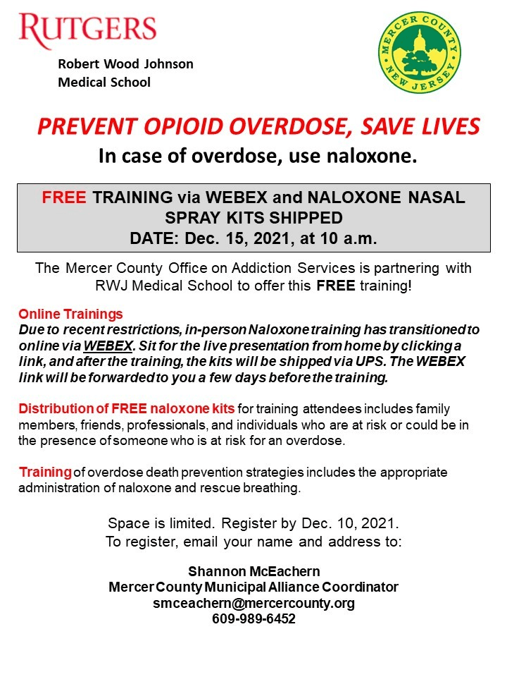 naloxone training by webex on December 15 at 10am. Register by Dec 10