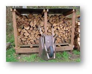 wood stacked with wheelbarrow