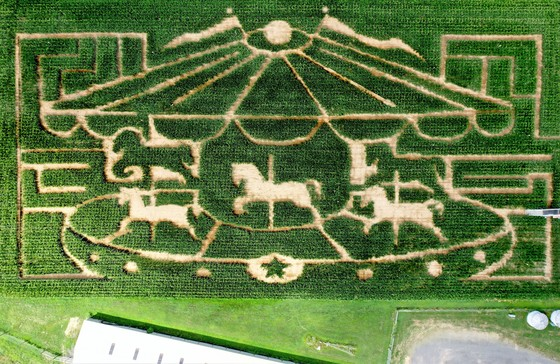 aerial view of the 2022 Carousel corn maze at howell farm